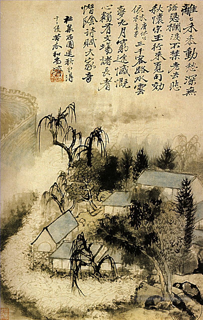 Hameau Shitao dans la brume d’automne 1690 vieille encre de Chine Peintures à l'huile
